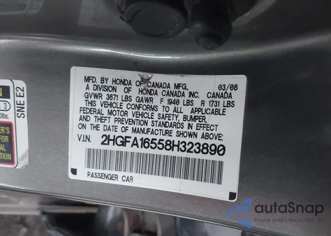 2008 Honda Civic Lx from USA, damaged, VIN 2HGFA16558H323890